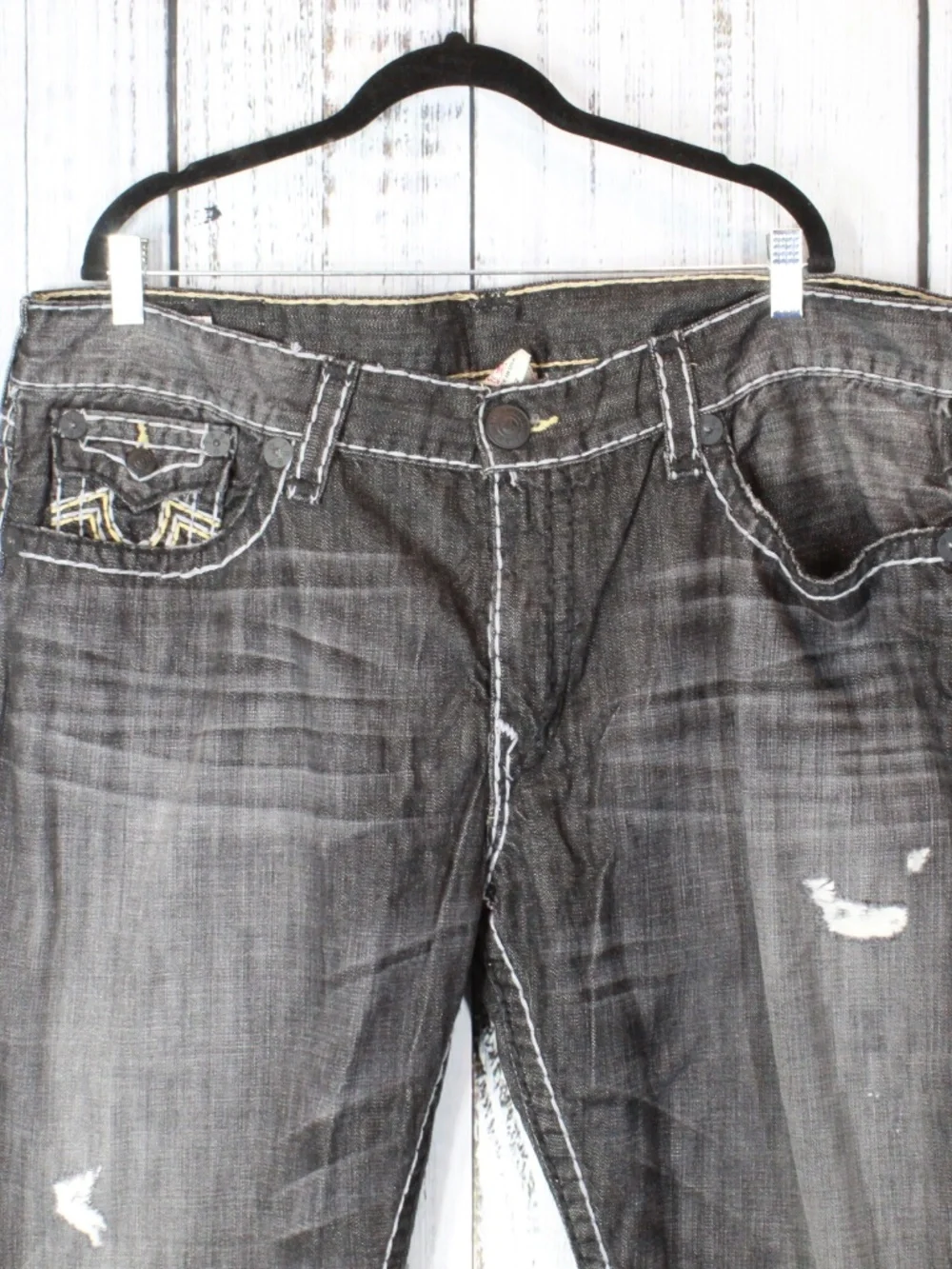 True Religion Ricky Super T Black Grey Jeans Size 42 White Yellow Stitch NWT